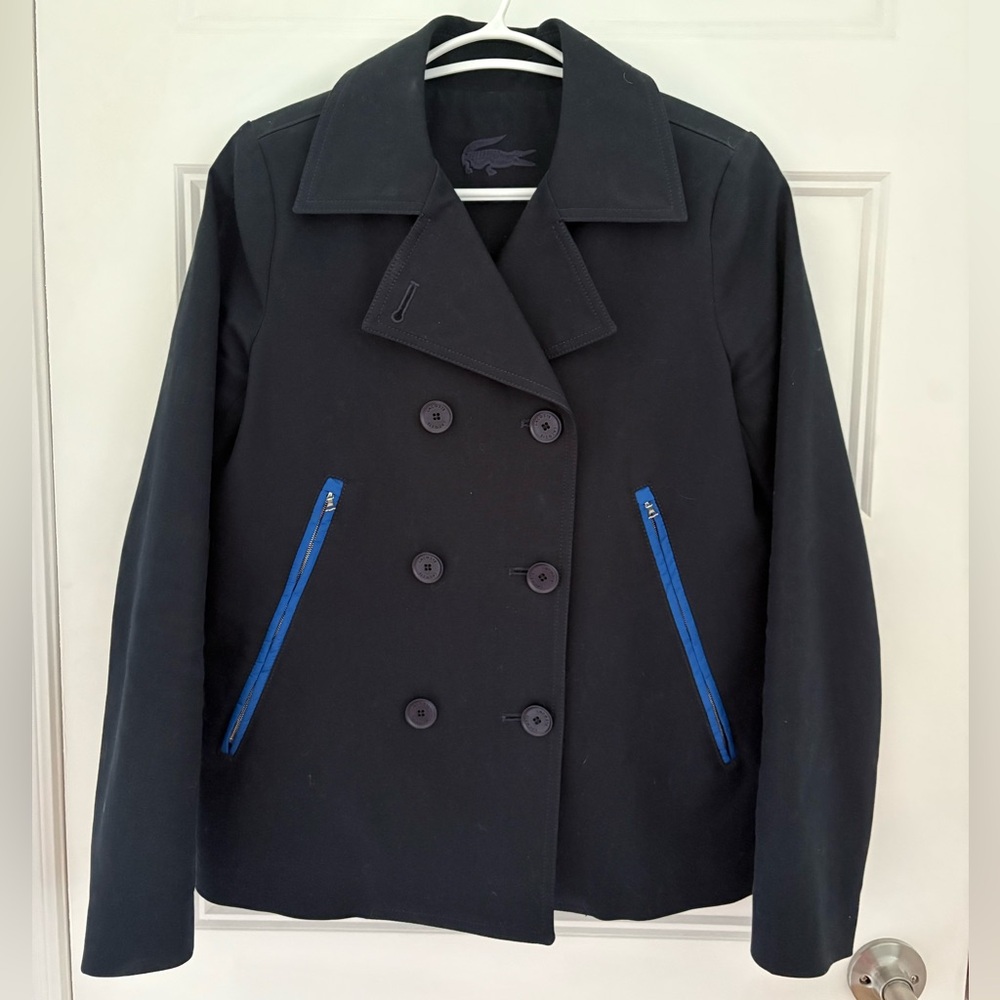 Lacoste Black Pea Coat with Blue Zipper Accents